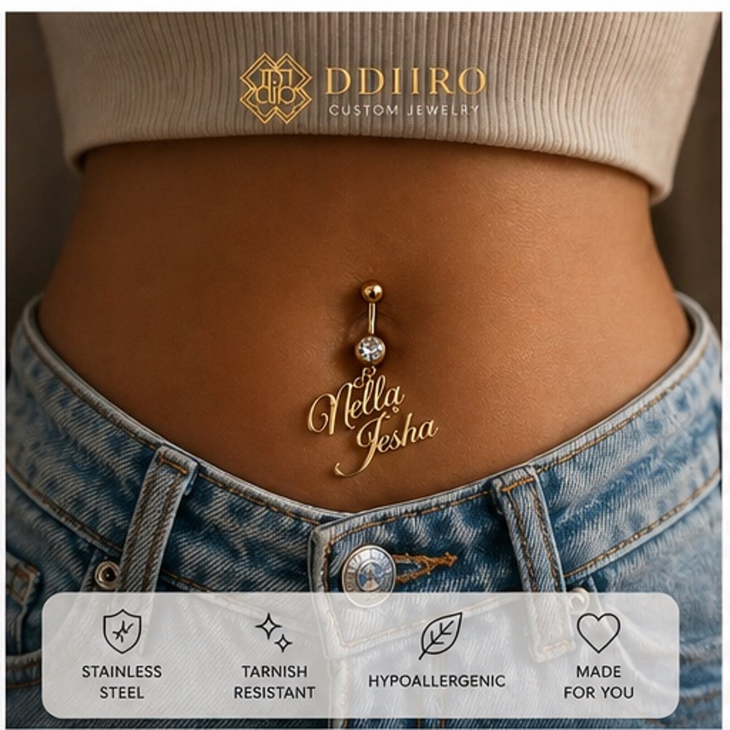 DDIIRO™ Custom Name Belly Button Ring – Gold Stainless Steel Personalized Jewelry