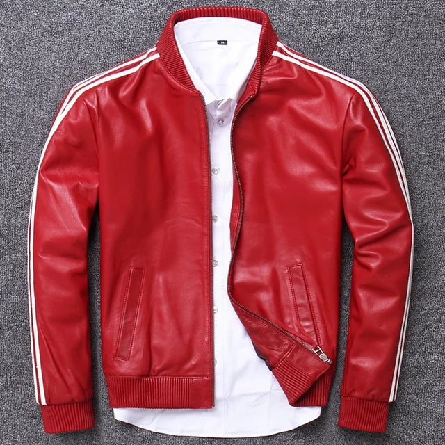 Men&#39;s Genuine Baseball Leather Jacket Red Youth Mans Sheepskin Motorcycle Coat Striped Autumn Spring Streetwear Korean Coats 4XL