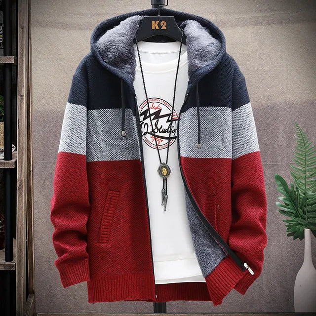 Men's Knit Sweater Fleece Jacket – Striped Hoodie, Thick Warm Winter Windbreaker Pullover