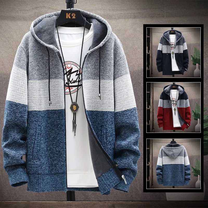 Men's Knit Sweater Fleece Jacket – Striped Hoodie, Thick Warm Winter Windbreaker Pullover