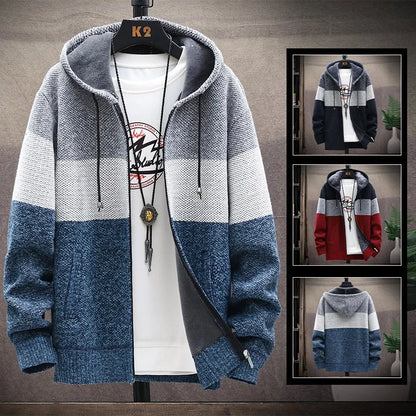 Men's Knit Sweater Fleece Jacket – Striped Hoodie, Thick Warm Winter Windbreaker Pullover