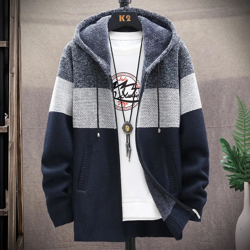 Men's Knit Sweater Fleece Jacket – Striped Hoodie, Thick Warm Winter Windbreaker Pullover