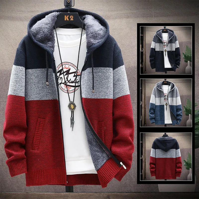 Men's Knit Sweater Fleece Jacket – Striped Hoodie, Thick Warm Winter Windbreaker Pullover