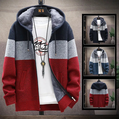 Men's Knit Sweater Fleece Jacket – Striped Hoodie, Thick Warm Winter Windbreaker Pullover