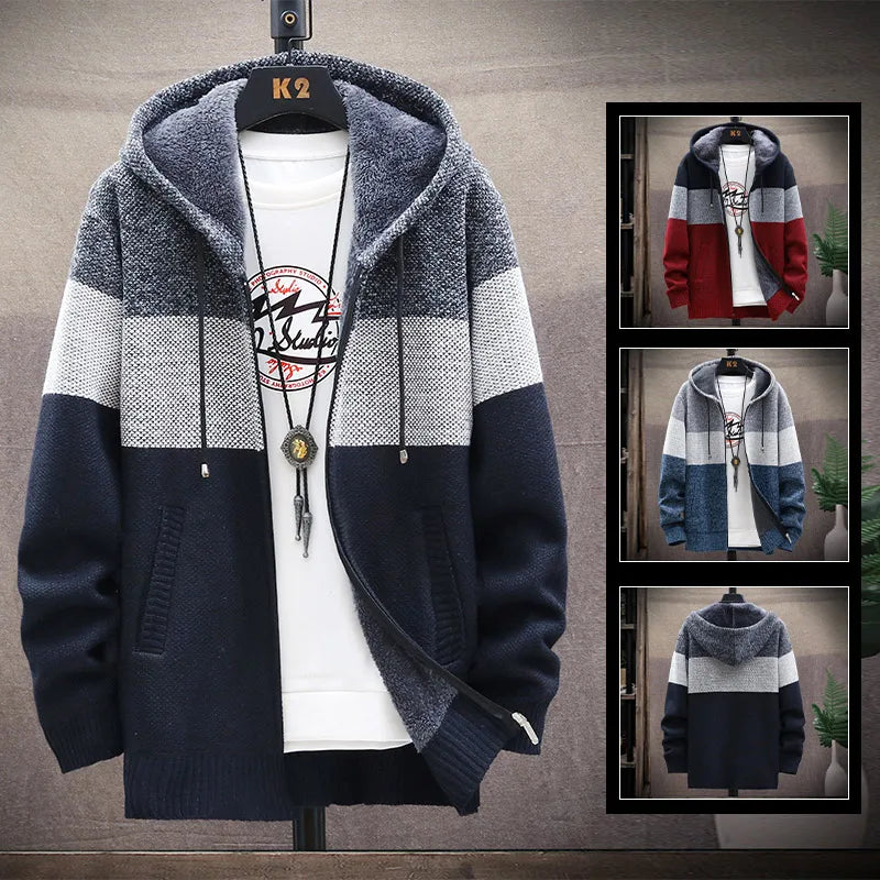 Men's Knit Sweater Fleece Jacket – Striped Hoodie, Thick Warm Winter Windbreaker Pullover