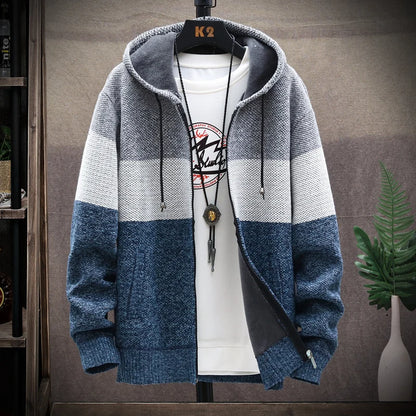 Men's Knit Sweater Fleece Jacket – Striped Hoodie, Thick Warm Winter Windbreaker Pullover