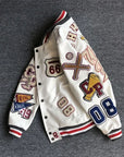 Men's spring and autumn baseball uniform Y2K retro trend leather jacket heavy industry embroidery white short coat ins hot sale