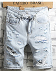 Men's Light Blue Distressed Knee-Length Denim Shorts