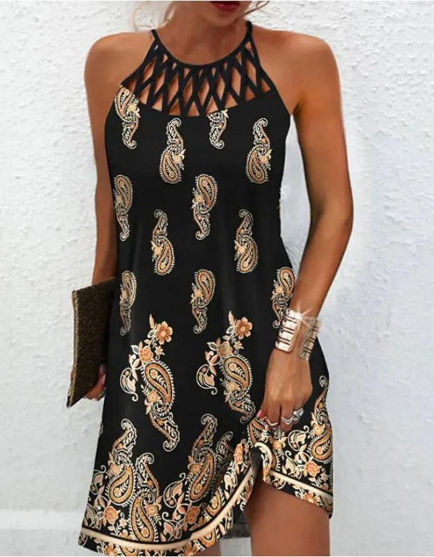 Retro Hollow Collar Halter Print Dress