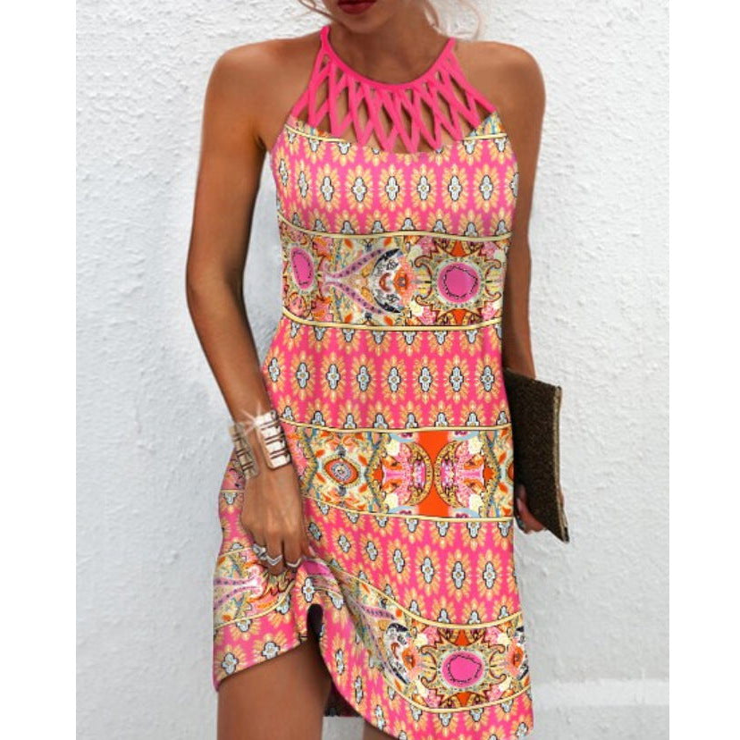 Retro Hollow Collar Halter Print Dress