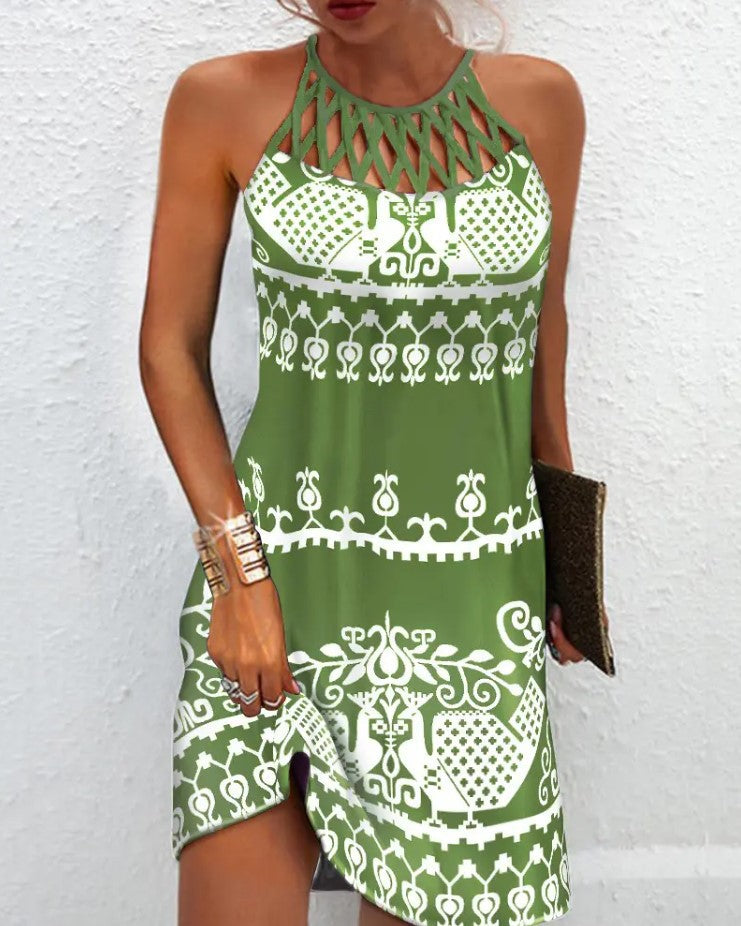 Retro Hollow Collar Halter Print Dress