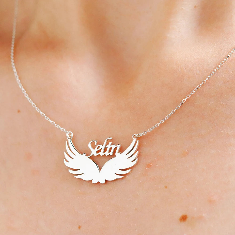 Personalized Wings Name Necklace, Stainless Steel Metal Custom Name Pendant, Angel Wings Necklace, Gift for Friends