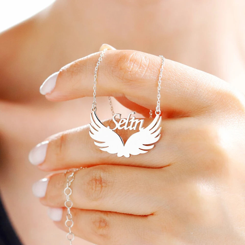 Personalized Wings Name Necklace, Stainless Steel Metal Custom Name Pendant, Angel Wings Necklace, Gift for Friends