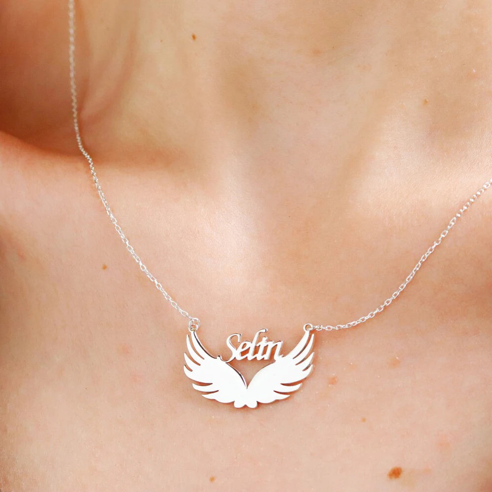 Personalized Wings Name Necklace, Stainless Steel Metal Custom Name Pendant, Angel Wings Necklace, Gift for Friends