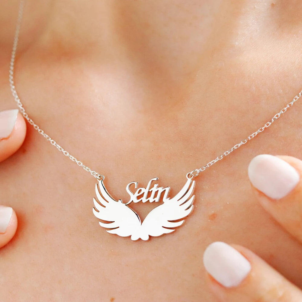 Personalized Wings Name Necklace, Stainless Steel Metal Custom Name Pendant, Angel Wings Necklace, Gift for Friends