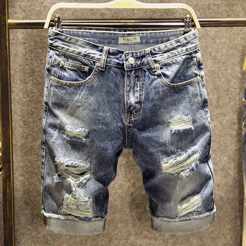 Men's Short Jeans Pants Multi Color Ripped Graffiti Male Denim Shorts Korean Fashion Blue New in Cut Emo Trend 2024 Original Xl