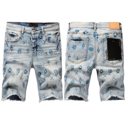 Premium Purple Men's Oversized Cropped Denim Shorts Relaxed Fit & Stylish Repair Design