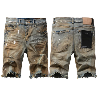 Denim Jean Shorts American Street High Quality Irregular Inkjet Jeans Men
