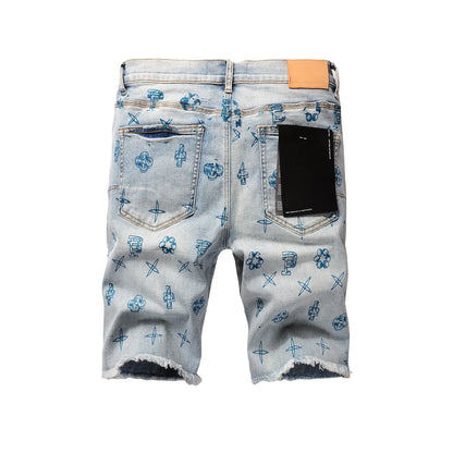 Premium Purple Men's Oversized Cropped Denim Shorts Relaxed Fit & Stylish Repair Design