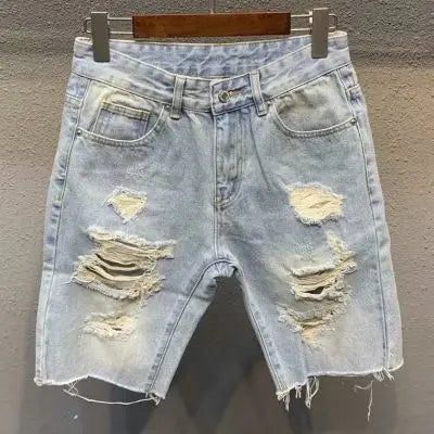Men's Light Blue Ripped Denim Knee-Length Shorts