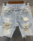 Men's Light Blue Ripped Denim Knee-Length Shorts