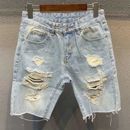 Men's Light Blue Ripped Denim Knee-Length Shorts