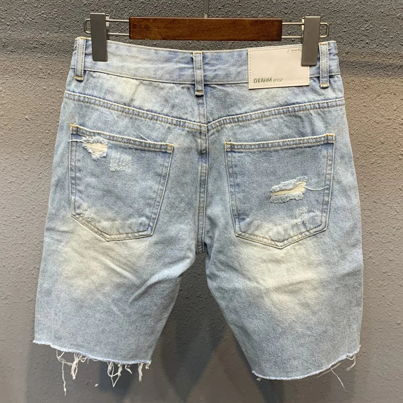 Men's Light Blue Ripped Denim Knee-Length Shorts