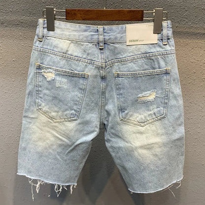 Men's Light Blue Ripped Denim Knee-Length Shorts