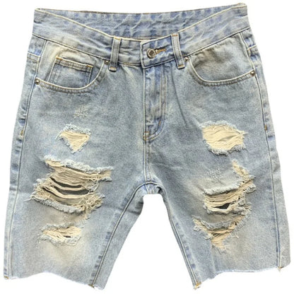 Men's Light Blue Ripped Denim Knee-Length Shorts