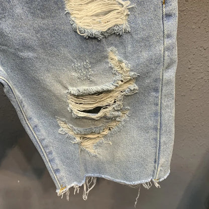 Men's Light Blue Ripped Denim Knee-Length Shorts