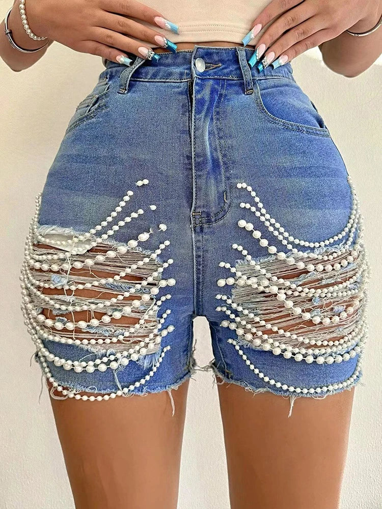 Women&#39;s Sexy High Waist Pearl Tassel Denim Shorts