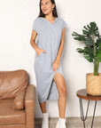 Short Sleeve Front Slit Hooded Dress