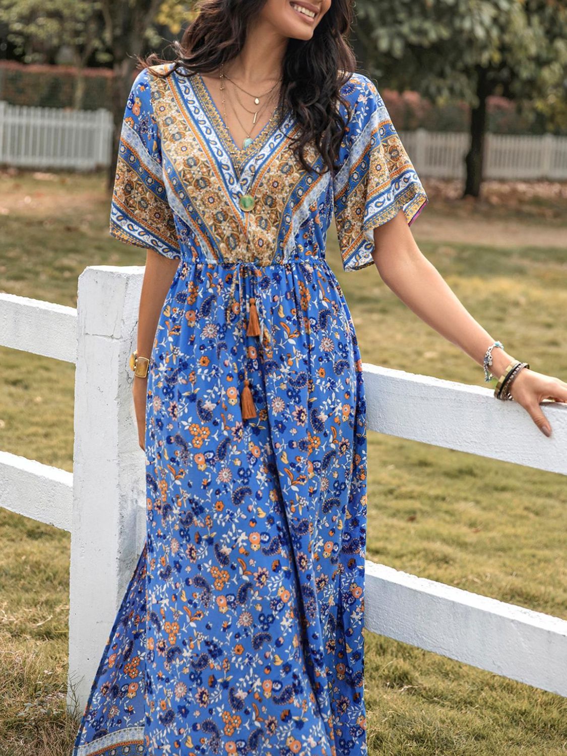 Slit V-Neck Half Sleeve Maxi Dress