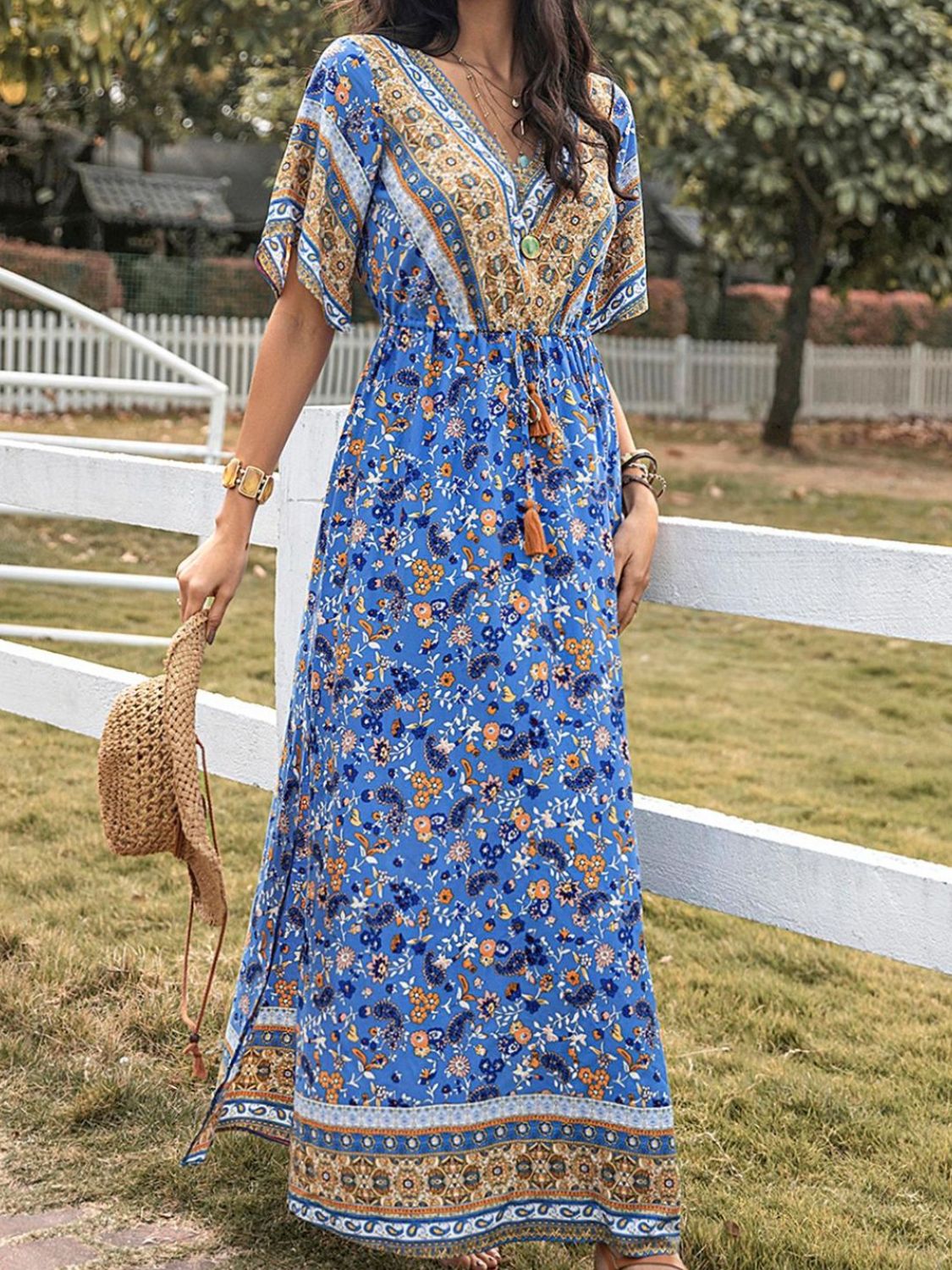 Slit V-Neck Half Sleeve Maxi Dress