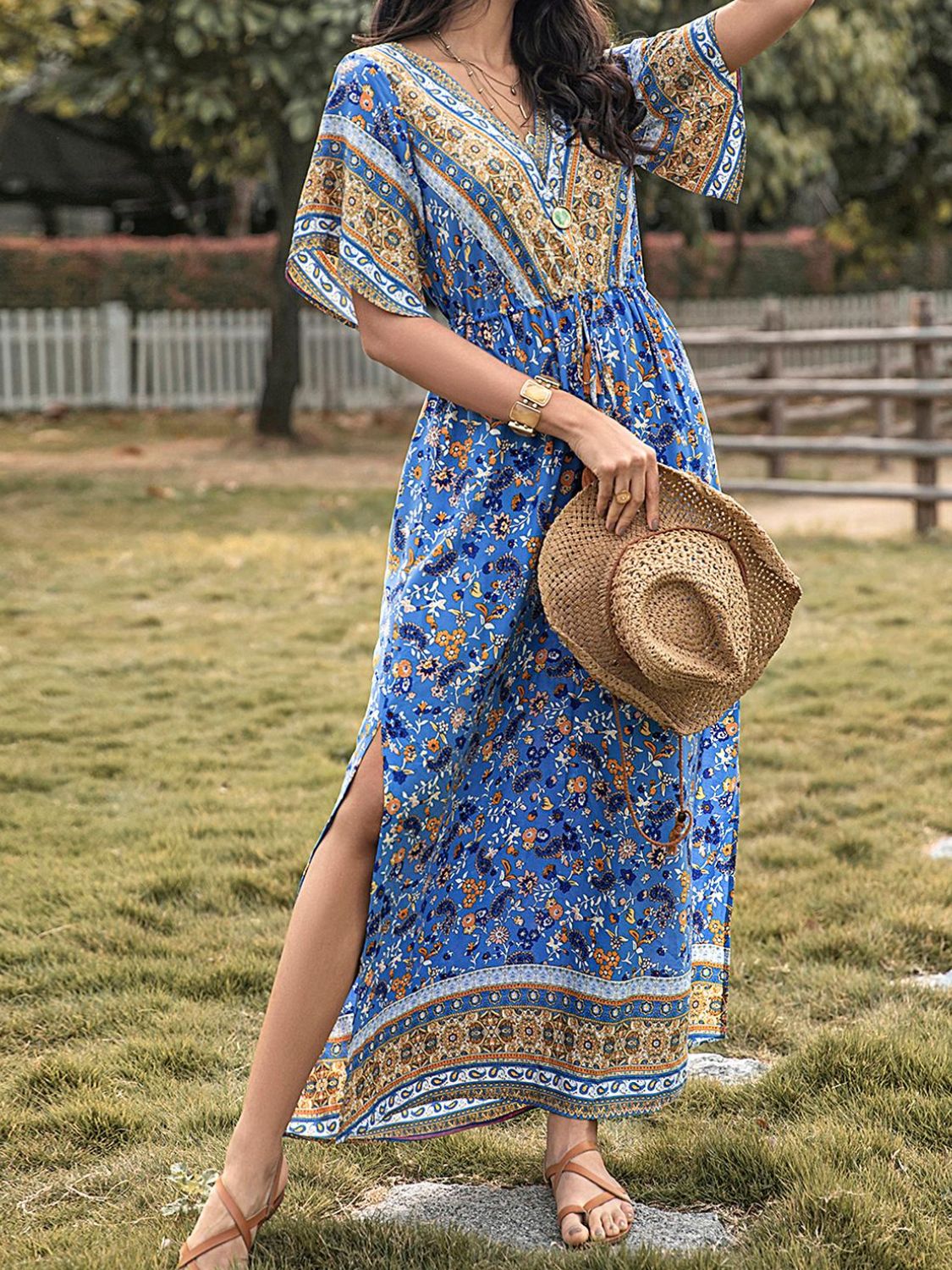 Slit V-Neck Half Sleeve Maxi Dress