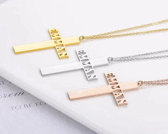 Custom Gold Cross Name Necklace - Personalized Name Necklace - Baptism Cross Name Necklace - Christian Gift Custom Jewelry  Christmas Gift.