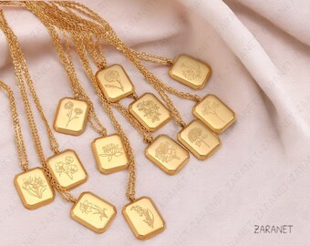 Birth Month Flower Necklace- Birth Flower Square Lotus Floral Pendant. 316L stainless steel