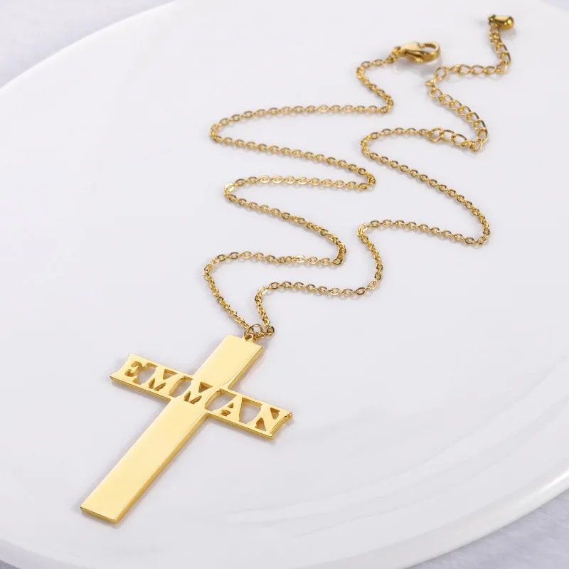 Custom Gold Cross Name Necklace - Personalized Name Necklace - Baptism Cross Name Necklace - Christian Gift Custom Jewelry  Christmas Gift.