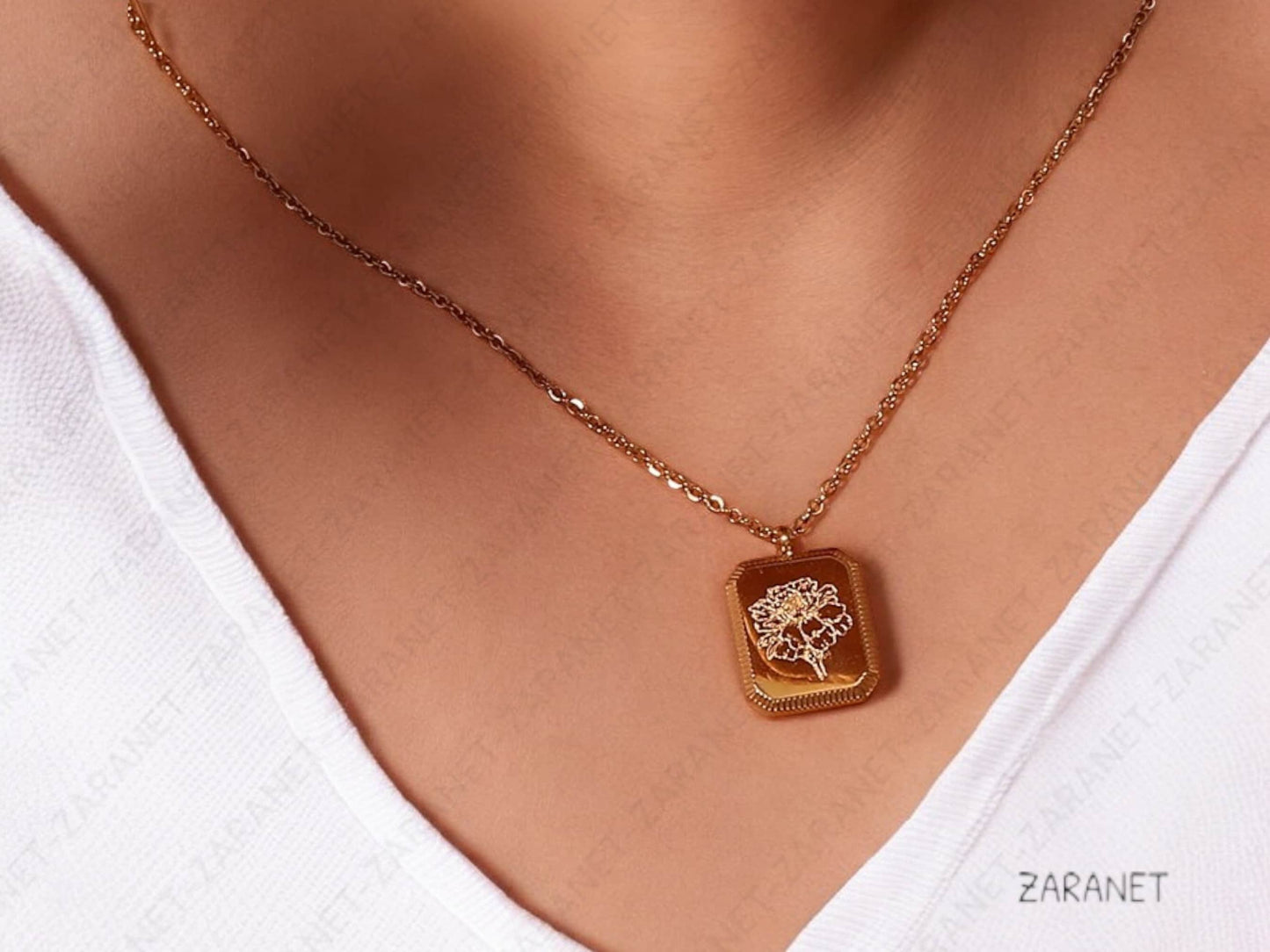 Birth Month Flower Necklace- Birth Flower Square Lotus Floral Pendant. 316L stainless steel