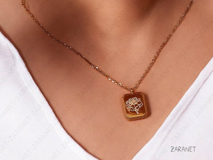 Birth Month Flower Necklace- Birth Flower Square Lotus Floral Pendant. 316L stainless steel