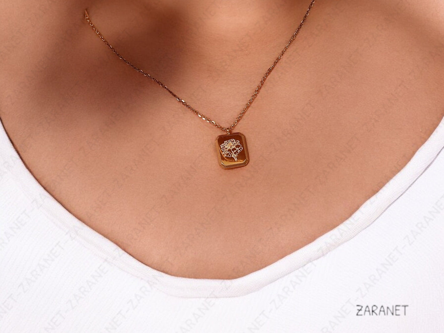 Birth Month Flower Necklace- Birth Flower Square Lotus Floral Pendant. 316L stainless steel