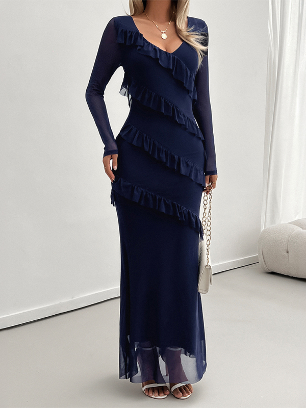 Long-sleeved women&#39;s temperament Slim mesh v-neck dresses