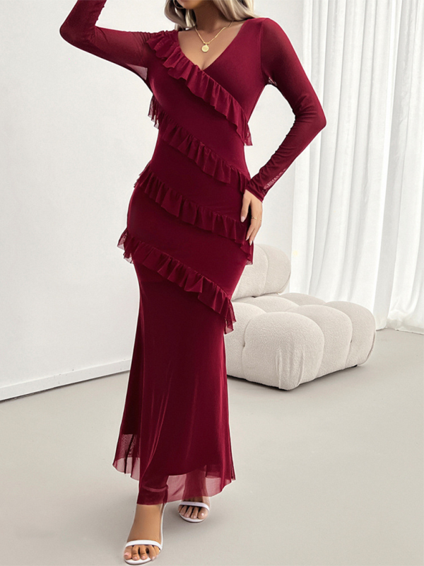 Long-sleeved women&#39;s temperament Slim mesh v-neck dresses