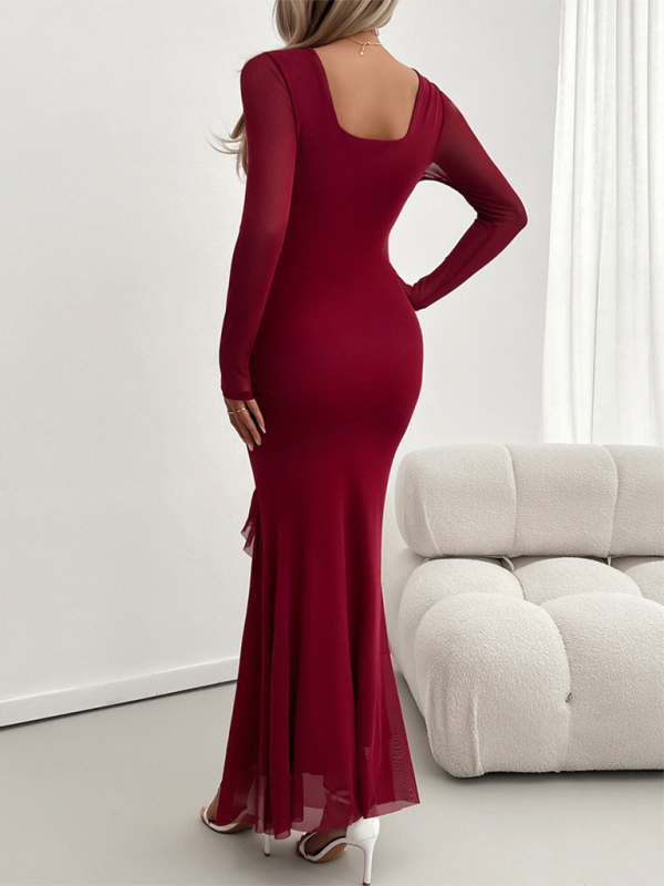 Long-sleeved women&#39;s temperament Slim mesh v-neck dresses