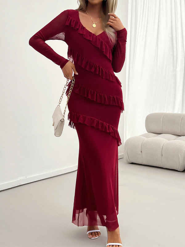 Long-sleeved women&#39;s temperament Slim mesh v-neck dresses