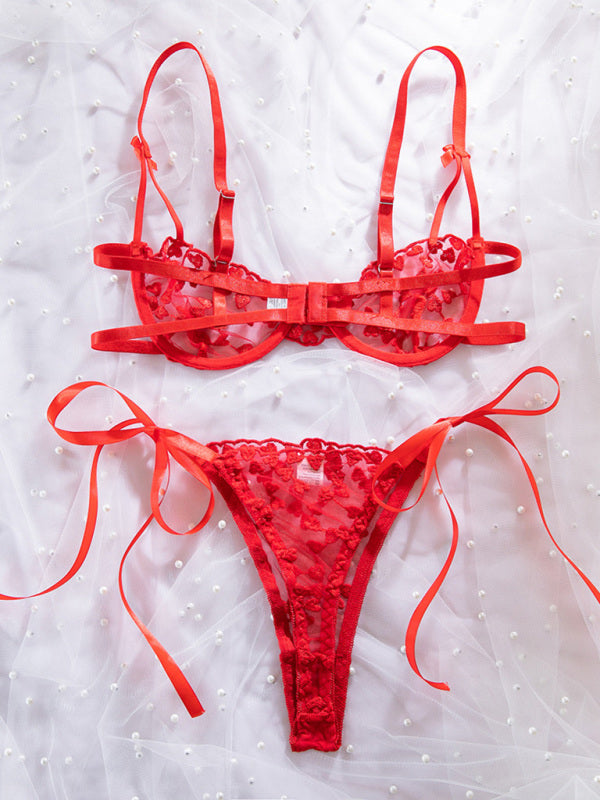Lace Mesh Embroidered Bra Love Bow Tie Red Underwear Set